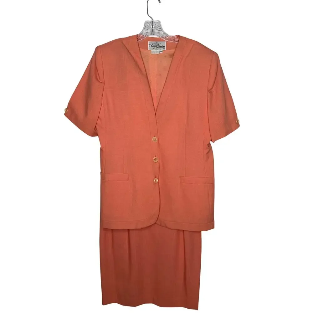 1980s Oleg Cassini peach two piece skirt suit size 10